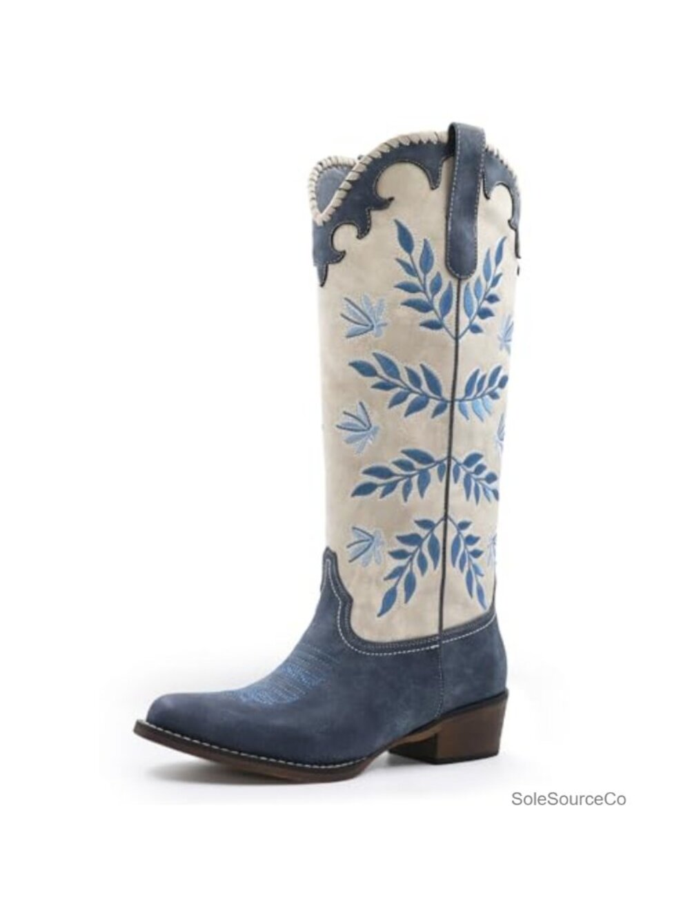 Womens Cowboy Boots Leaf Embroidered Knee High Chunky Heel Western Boots